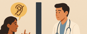 Ilustração de mulher surda em conversa com médico falante 